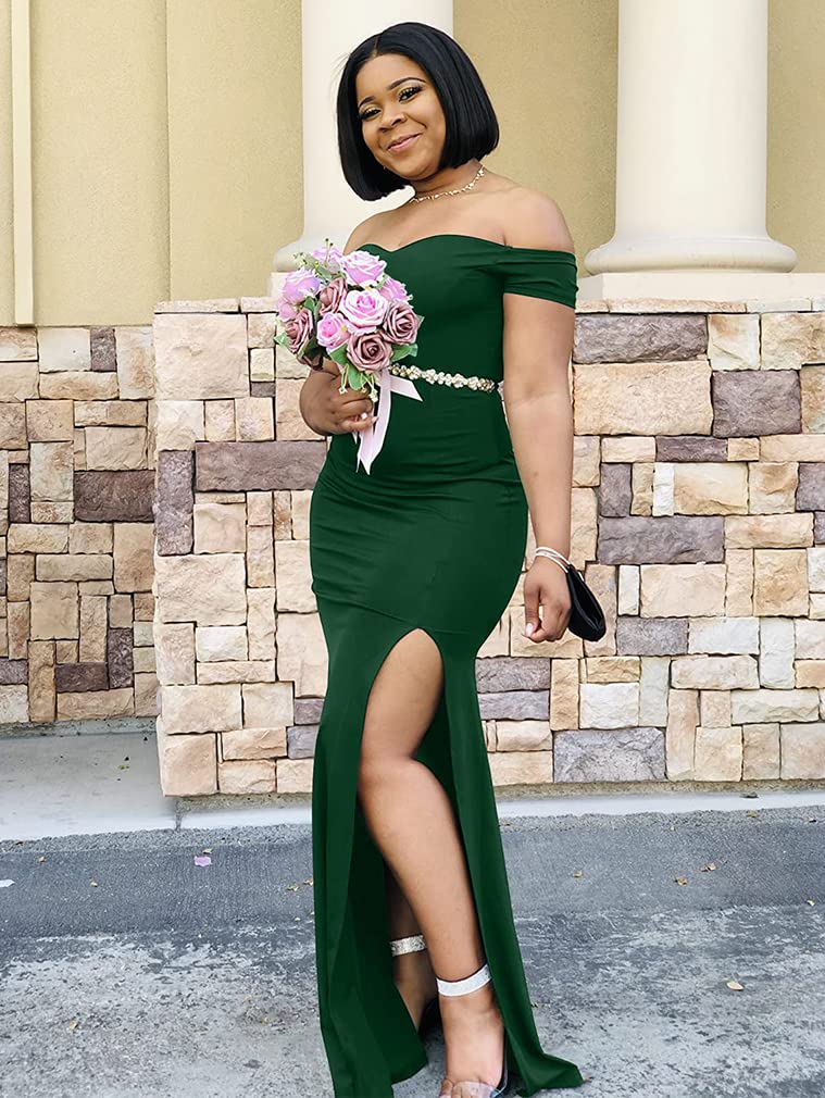 YMDUCH Womens Off Shoulder High Split Long Formal Party Dress Evening Gown Dark Green - Image 5
